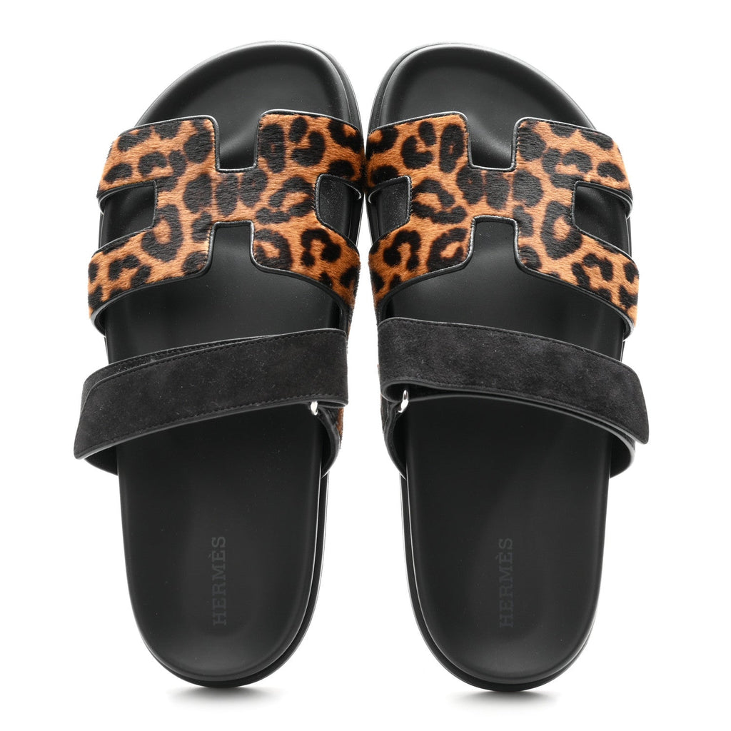 Moire Calfskin Suede Goatskin Womens Leopard Chypre Sandals 40 Gold Black