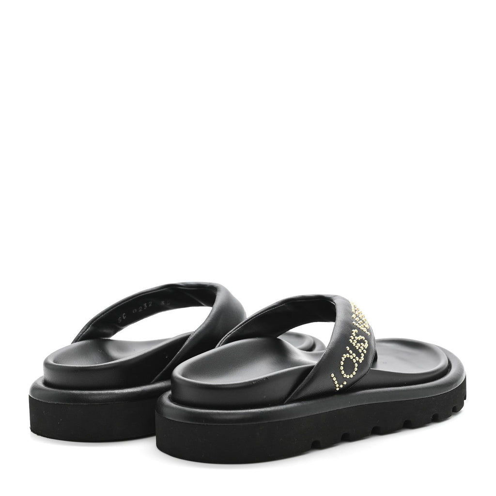 Calfskin Logo Studded Pillow Flat Thong Sandals 35 Black