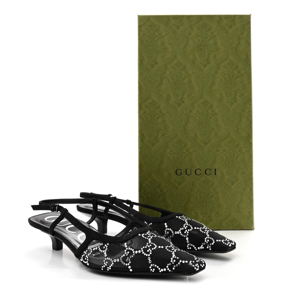 Tela Retino Kid Scamosciato Crystal GG Monogram Square G 35mm Slingback Pumps 35.5 Black