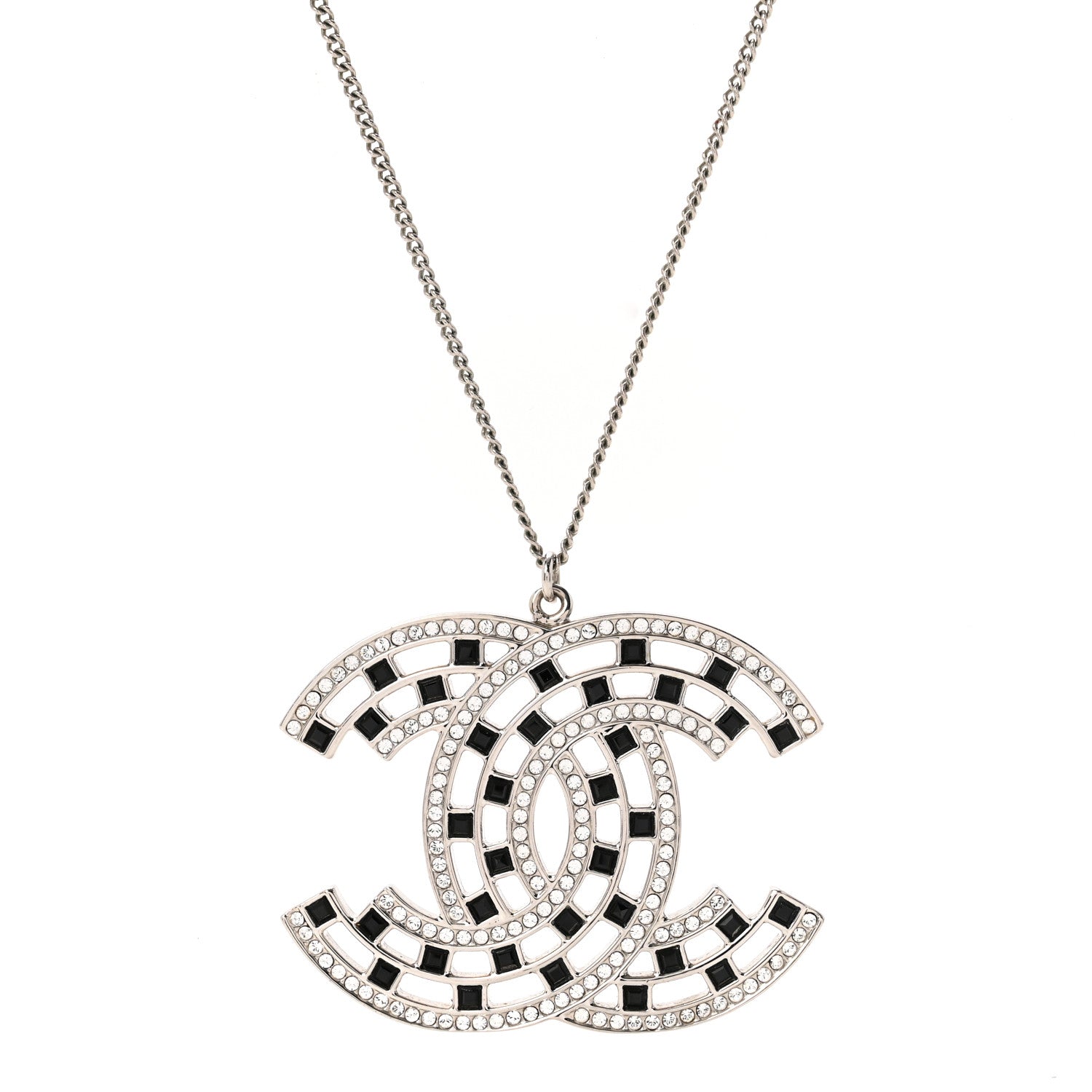 Baguette Crystal Large CC Necklace Silver Black