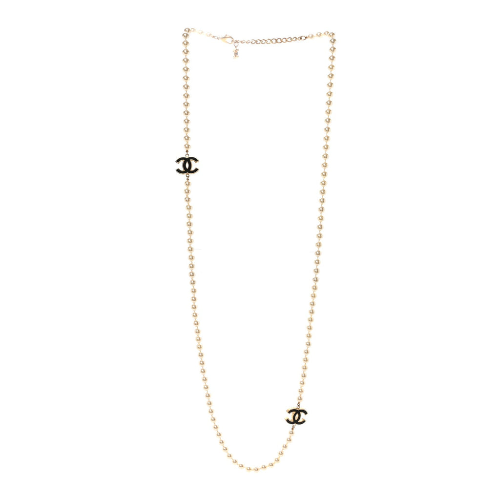 Pearl Beaded Resin CC Long Necklace Black Gold