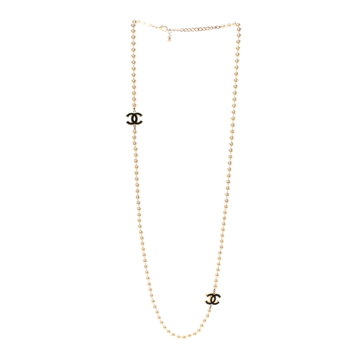 Pearl Beaded Resin CC Long Necklace Black Gold