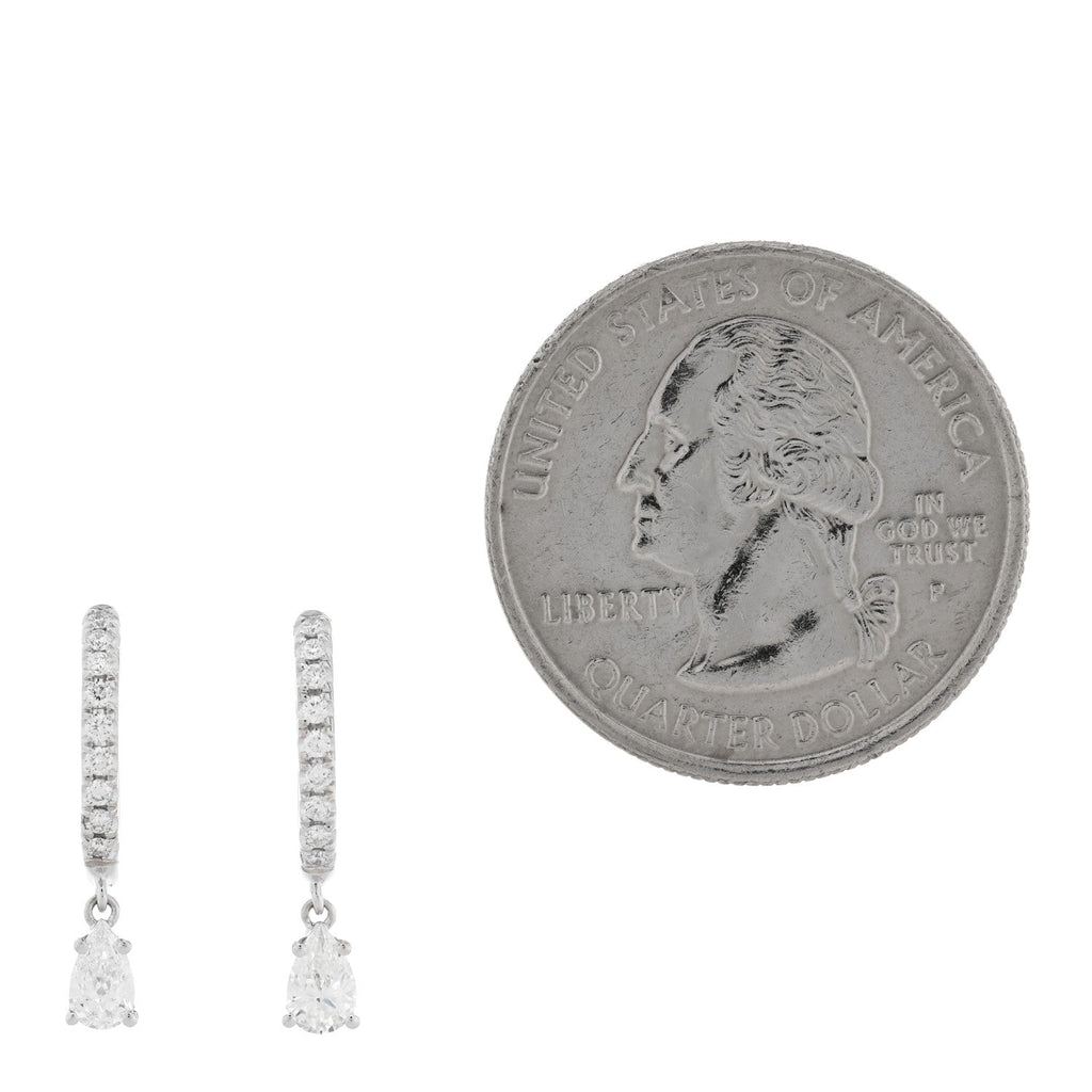 18K White Gold Diamond Pear Huggie Drop Earrings