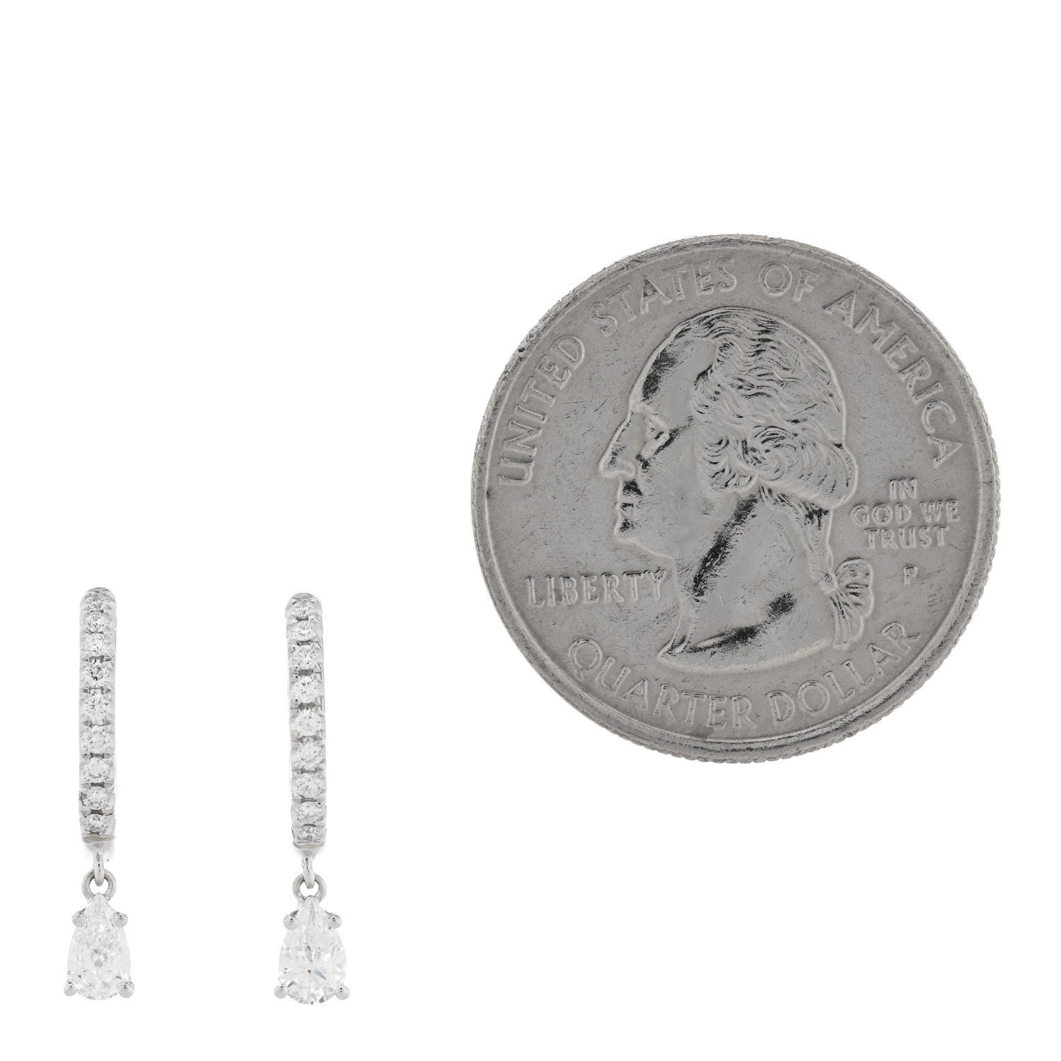 18K White Gold Diamond Pear Huggie Drop Earrings