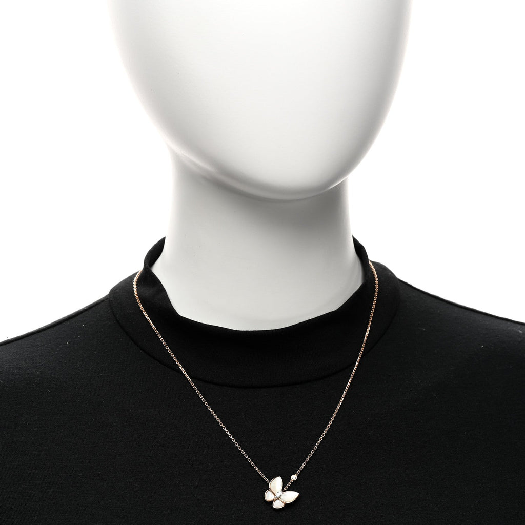 18K Rose Gold Diamond Mother of Pearl Two Butterfly Pendant Necklace