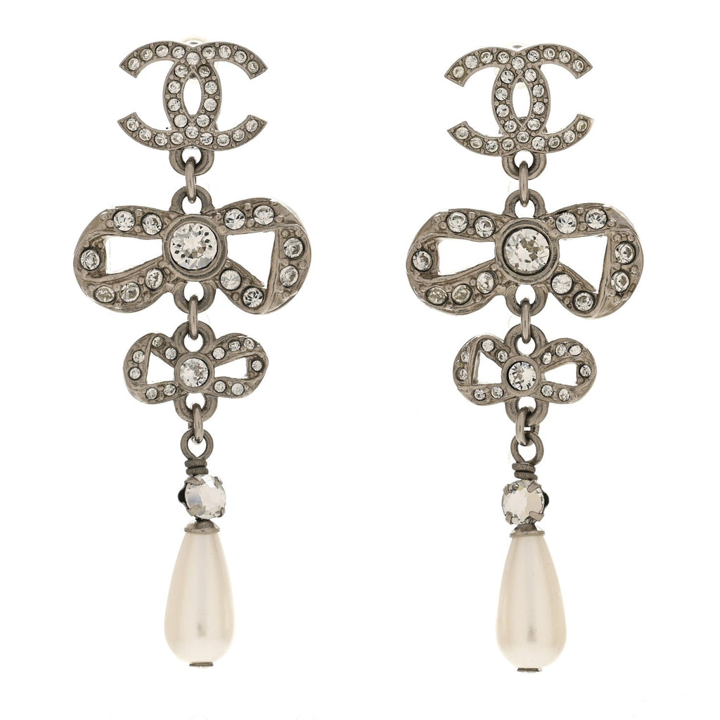 Crystal Pearl CC Bow Drop Earrings Silver