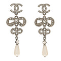 Crystal Pearl CC Bow Drop Earrings Silver