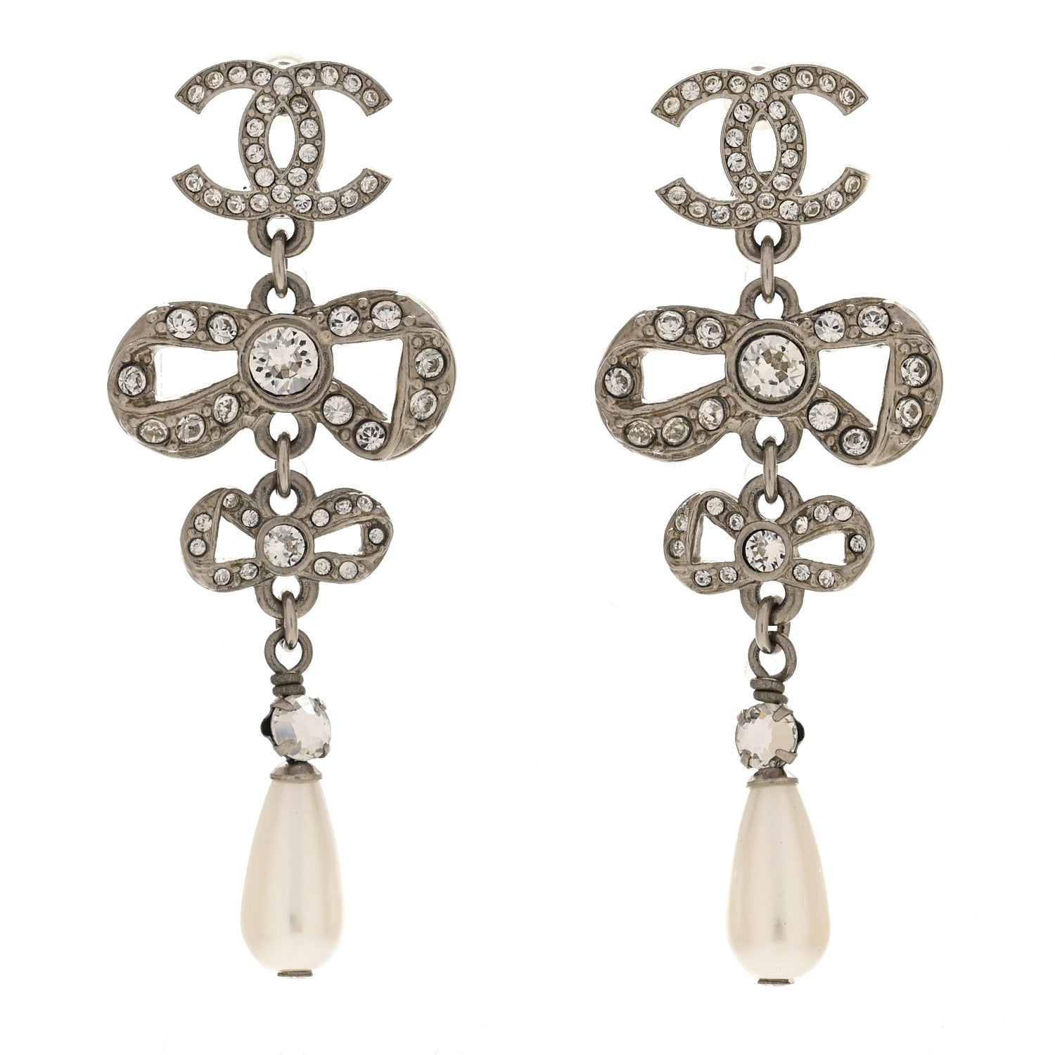 Crystal Pearl CC Bow Drop Earrings Silver