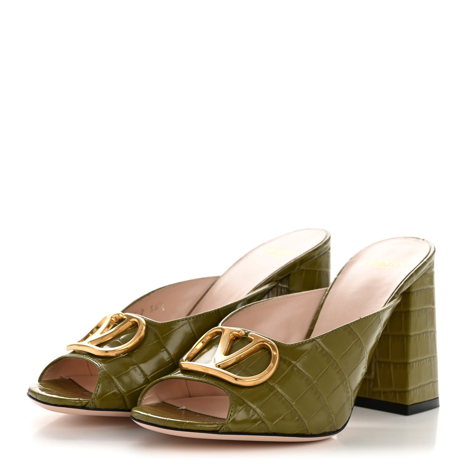 Calfskin Printed Crocodile Effect VLogo Signature 95mm Slide Sandals 36.5 Green