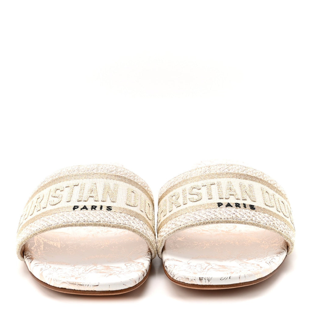 Canvas Lurex Jardin d'Hiver Embroidered Dway Flat Slide Sandals 39 White Palladium