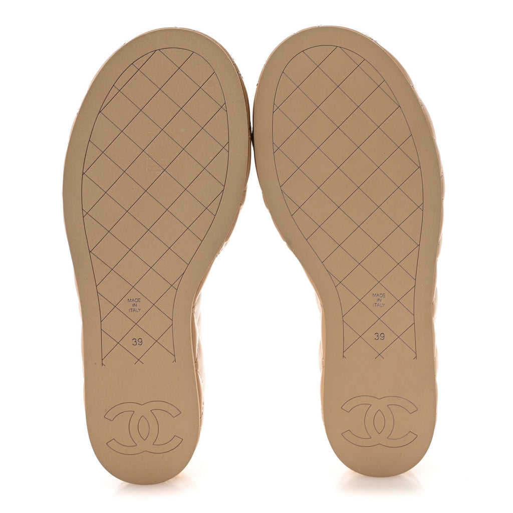 Lambskin Quilted Camelia CC Wedge Sandal Mules 39 Beige