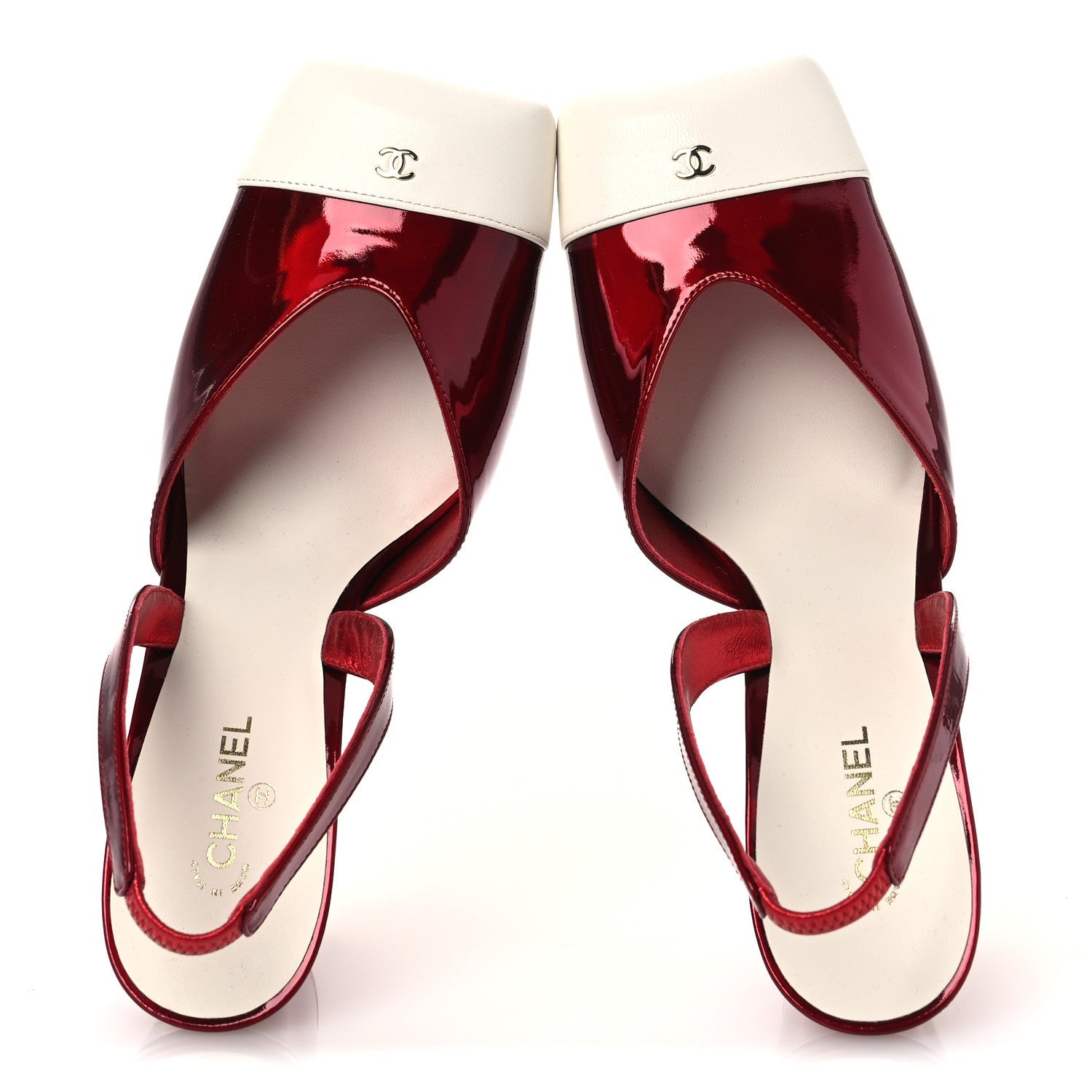 Laminated Calfskin Lambskin Cap Toe CC Slingback Pumps 40 Red Ivory