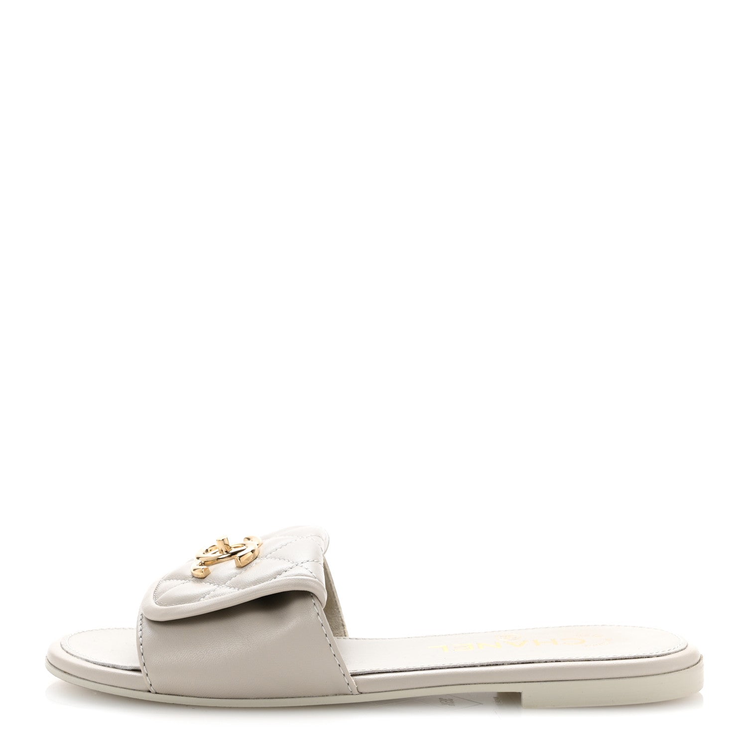 Lambskin Quilted Turnlock Flat Mules 35.5 Light Grey