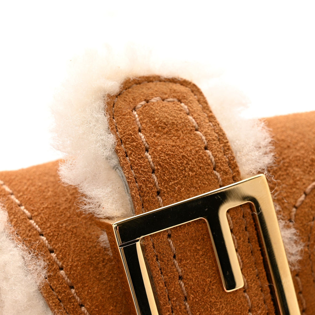 Suede Shearling Fendi Feel Buckled Slide Sandals 40 Beige Latte