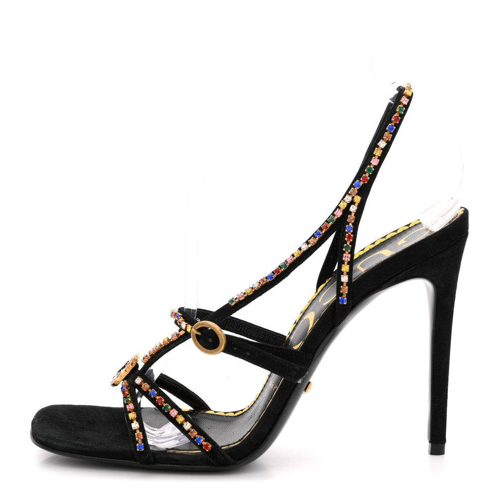 Kid Scamosciato Crystal Embellished Carmen High Heel Sandals 38 Black