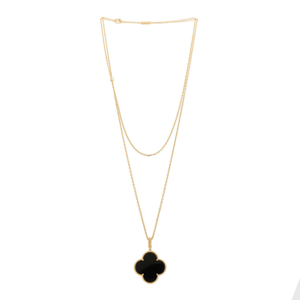 18K Yellow Gold Black Onyx Vintage Alhambra Pendant Necklace