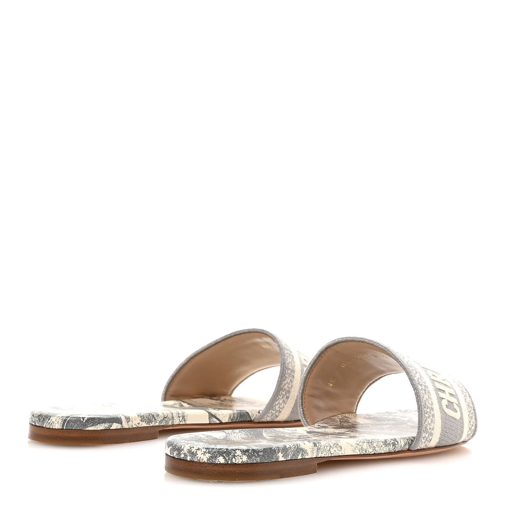 Canvas Toile De Jouy Embroidered Dway Flat Slide Sandals 39.5 Light Grey