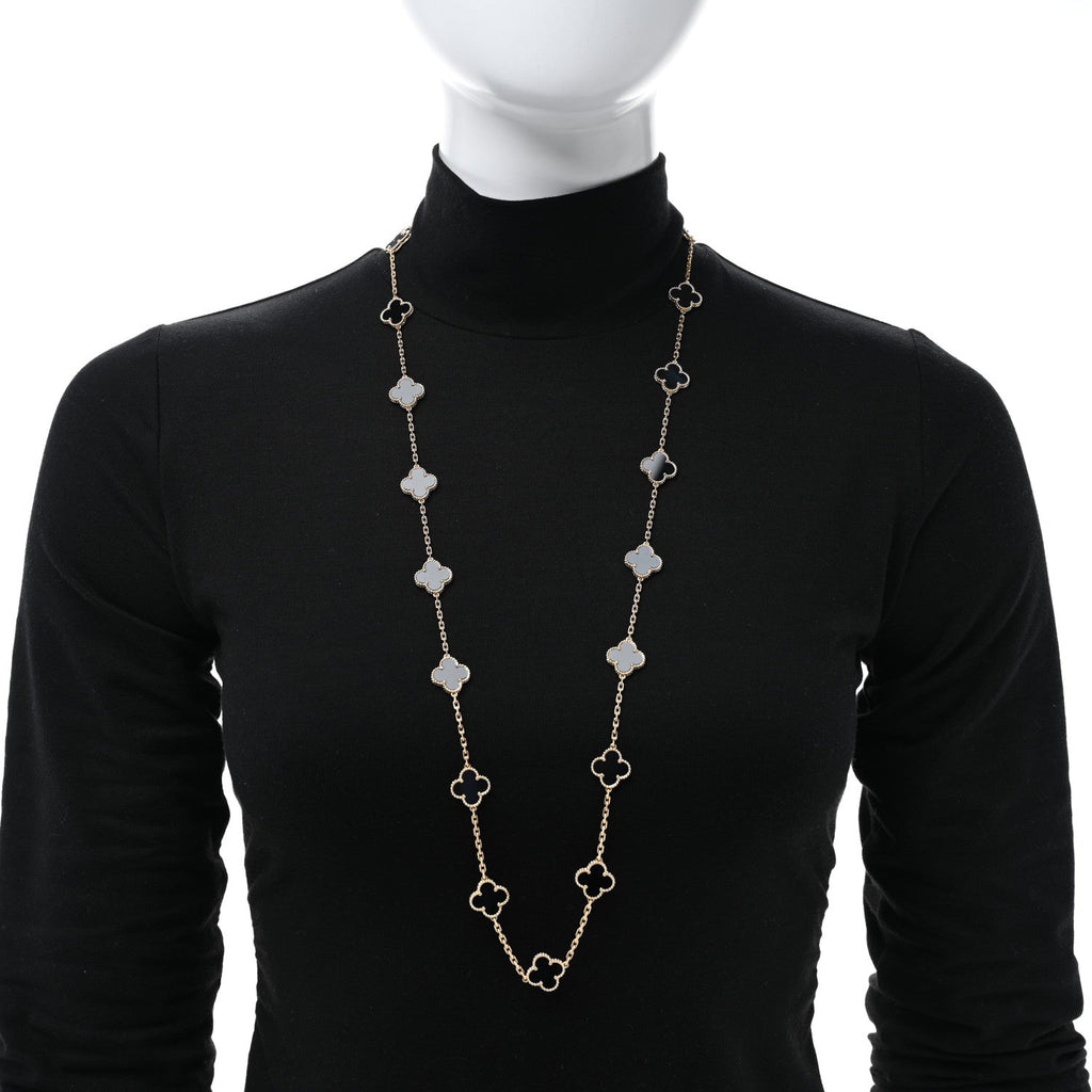 18K Yellow Gold Black Onyx 20 Motifs Vintage Alhambra Necklace