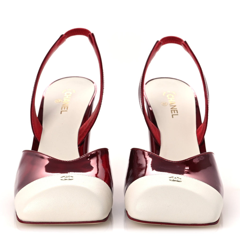 Laminated Calfskin Lambskin Cap Toe CC Slingback Pumps 40 Red Ivory