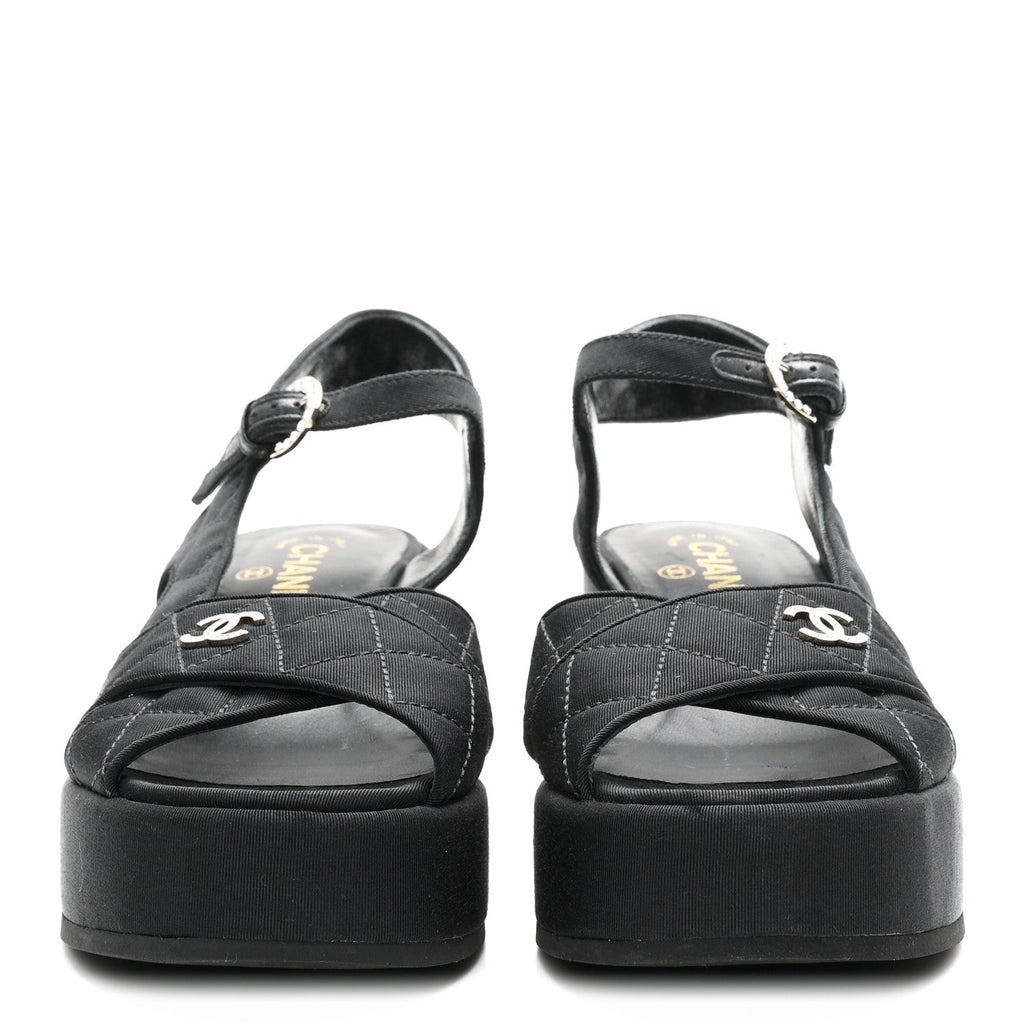 Grosgrain Quilted Crystal CC Platform Sandals 38.5 Black