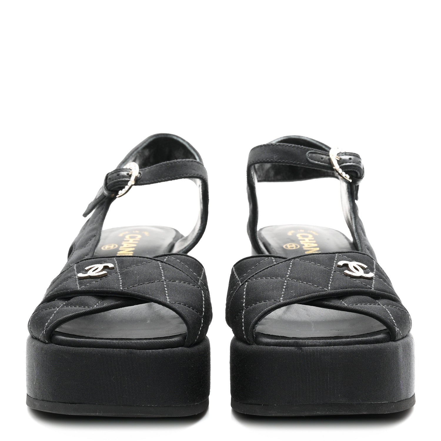 Grosgrain Quilted Crystal CC Platform Sandals 38.5 Black