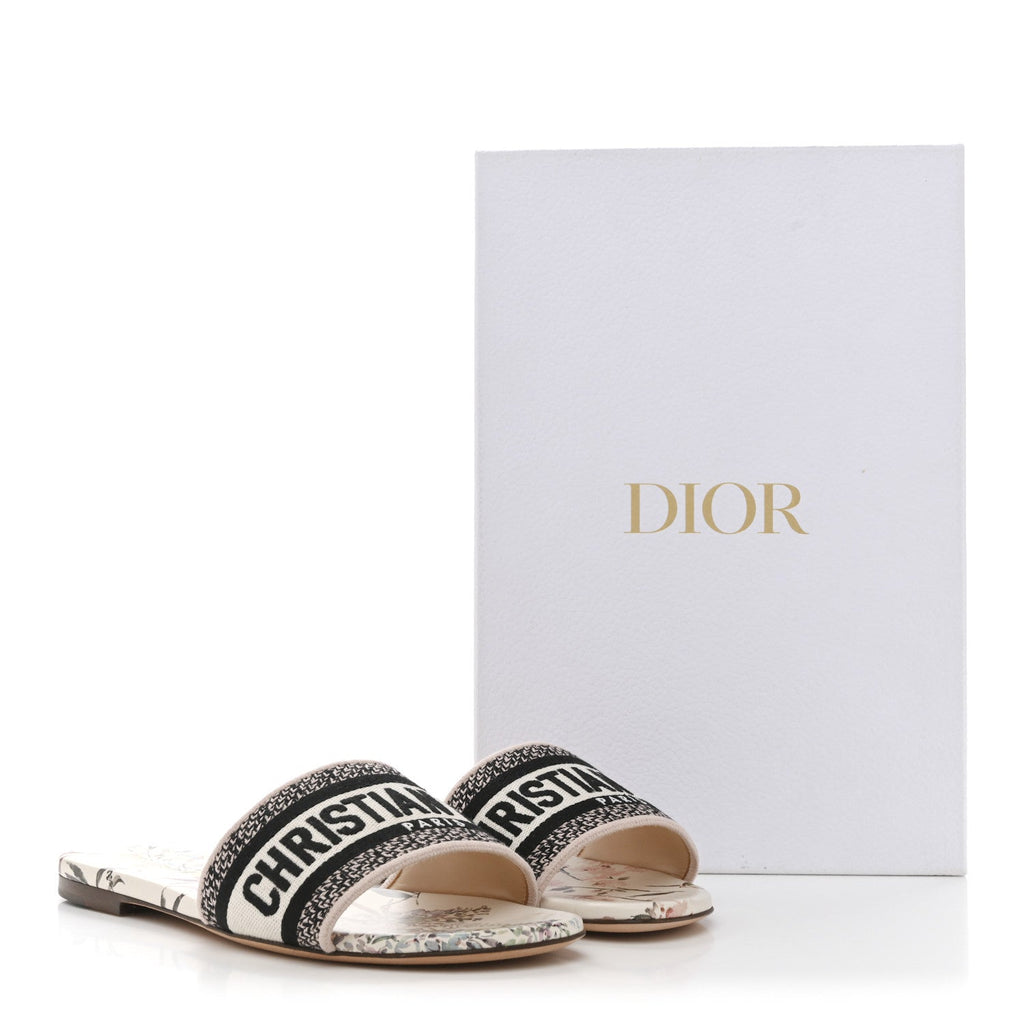 Canvas Millefiori Embroidered Dway Flat Slide Sandals 37 Nude White