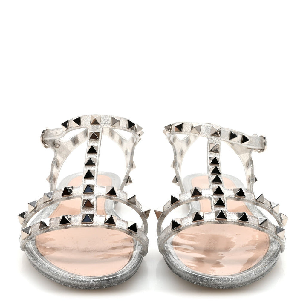 PVC Jelly Glitter Rockstud Caged Flat Thong Sandals 36 Silver