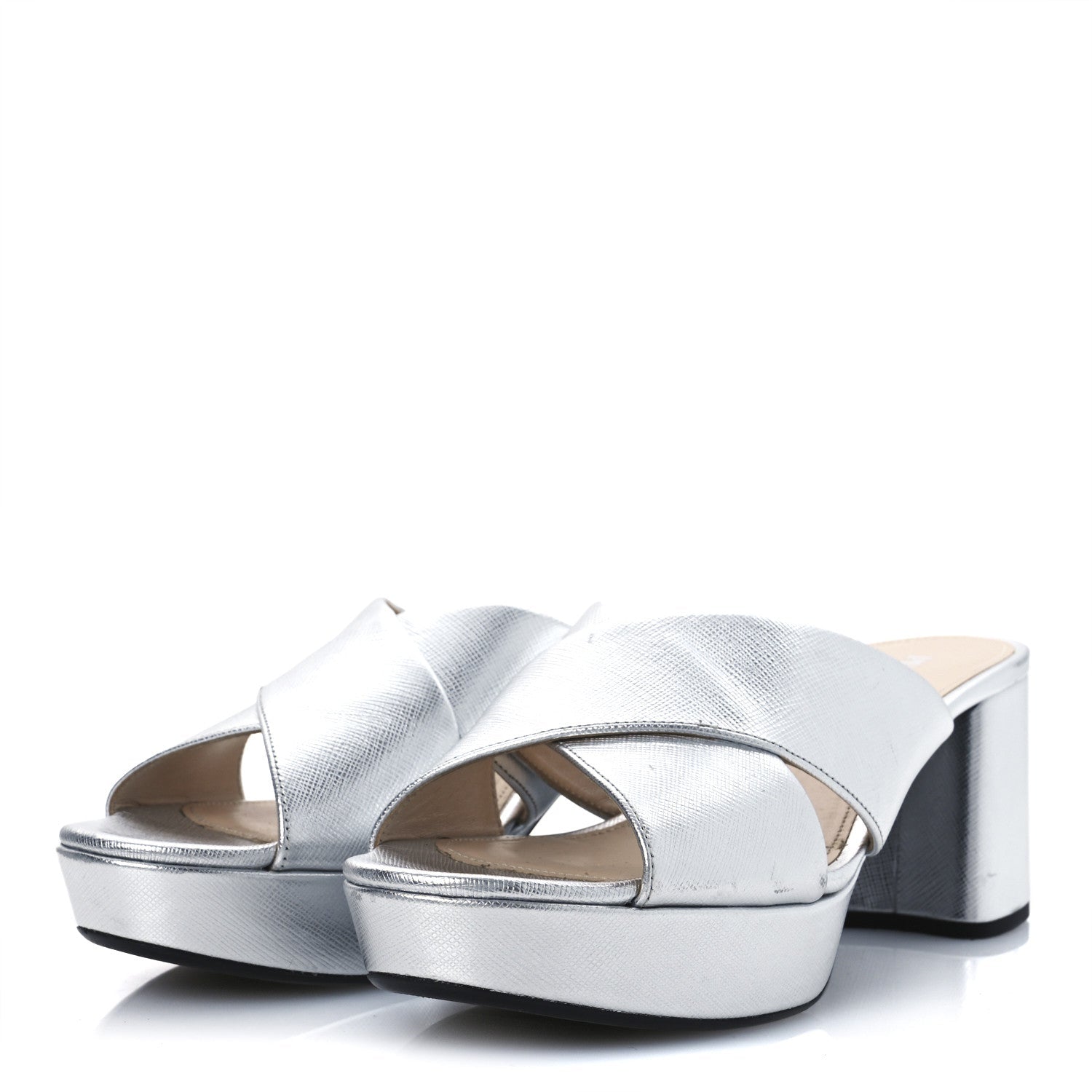 Metallic Saffiano Crisscross Platform Sandals 41 Silver