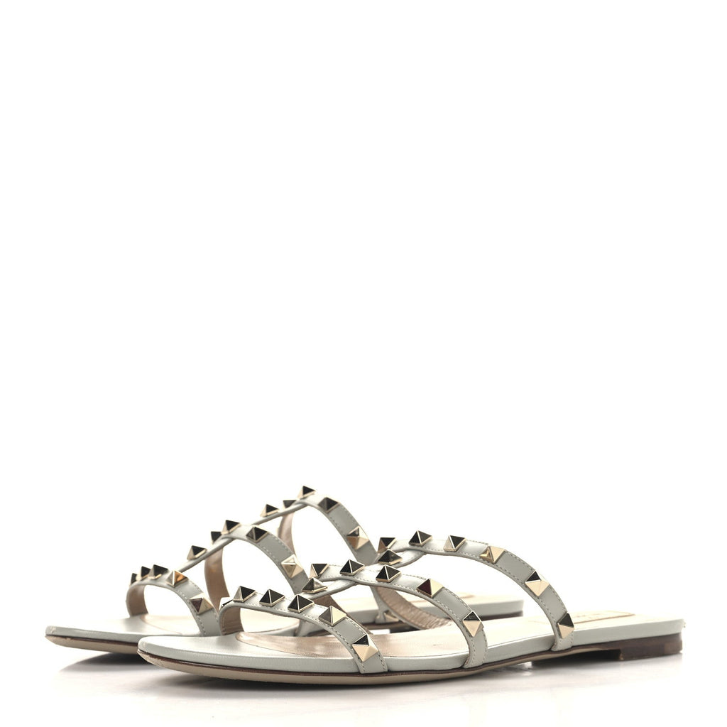 Nappa Rockstud Caged Flat Slide Sandals 38 Grey