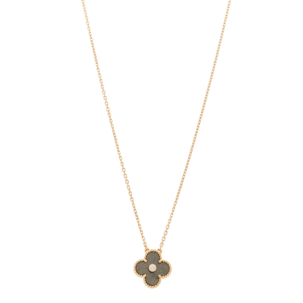 18K Rose Gold Diamond Silver Obsidian Vintage Alhambra Pendant Necklace