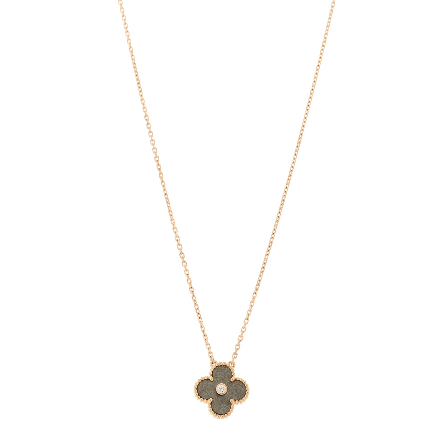 18K Rose Gold Diamond Silver Obsidian Vintage Alhambra Pendant Necklace