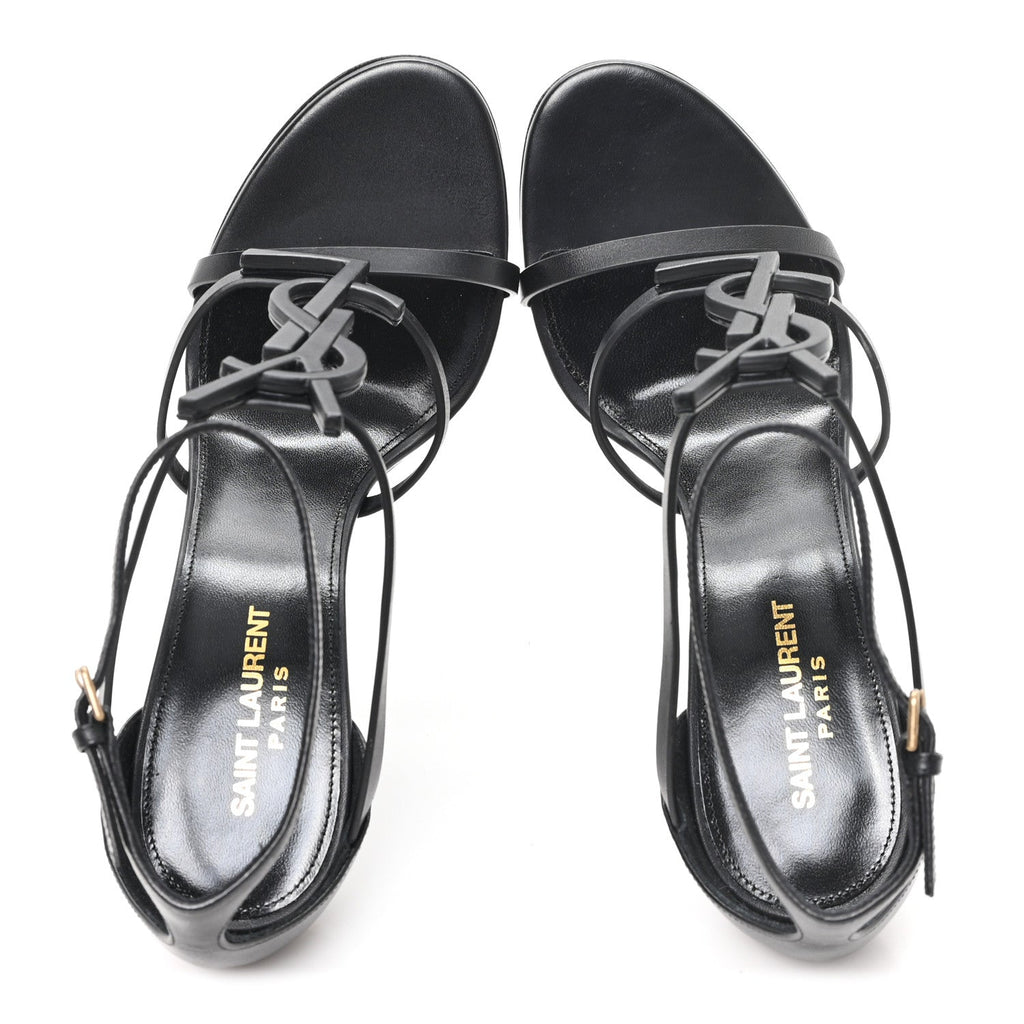 Calfskin Cassandra Palm Logo 110 Ankle Strap Sandals 40 Black