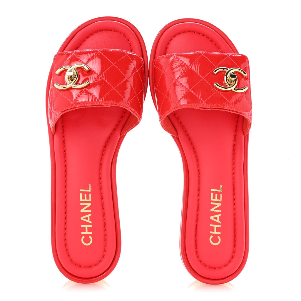 Patent Goatskin Quilted CC Sandals 38 Dark Pink