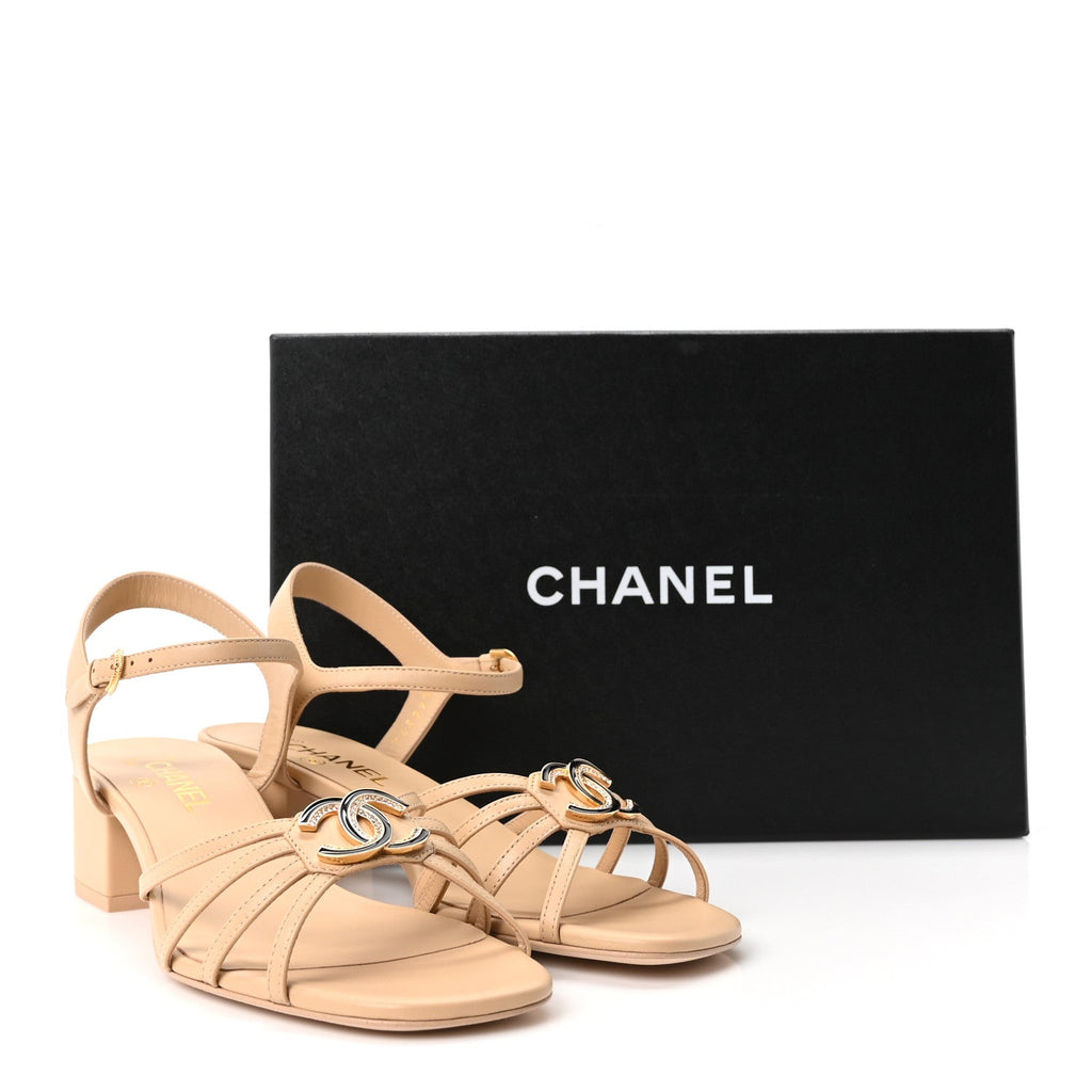 Lambskin Crystal CC Sandals 40 Beige