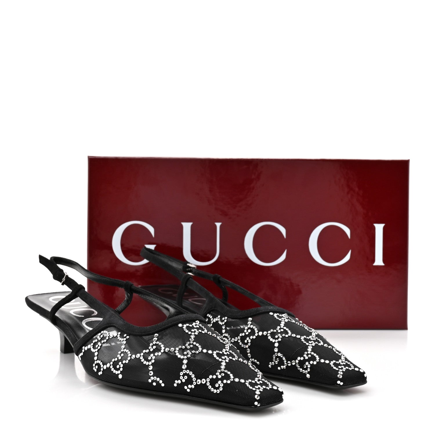 Tela Retino Kid Scamosciato Crystal GG Monogram Square G 35mm Slingback Pumps 38.5 Black