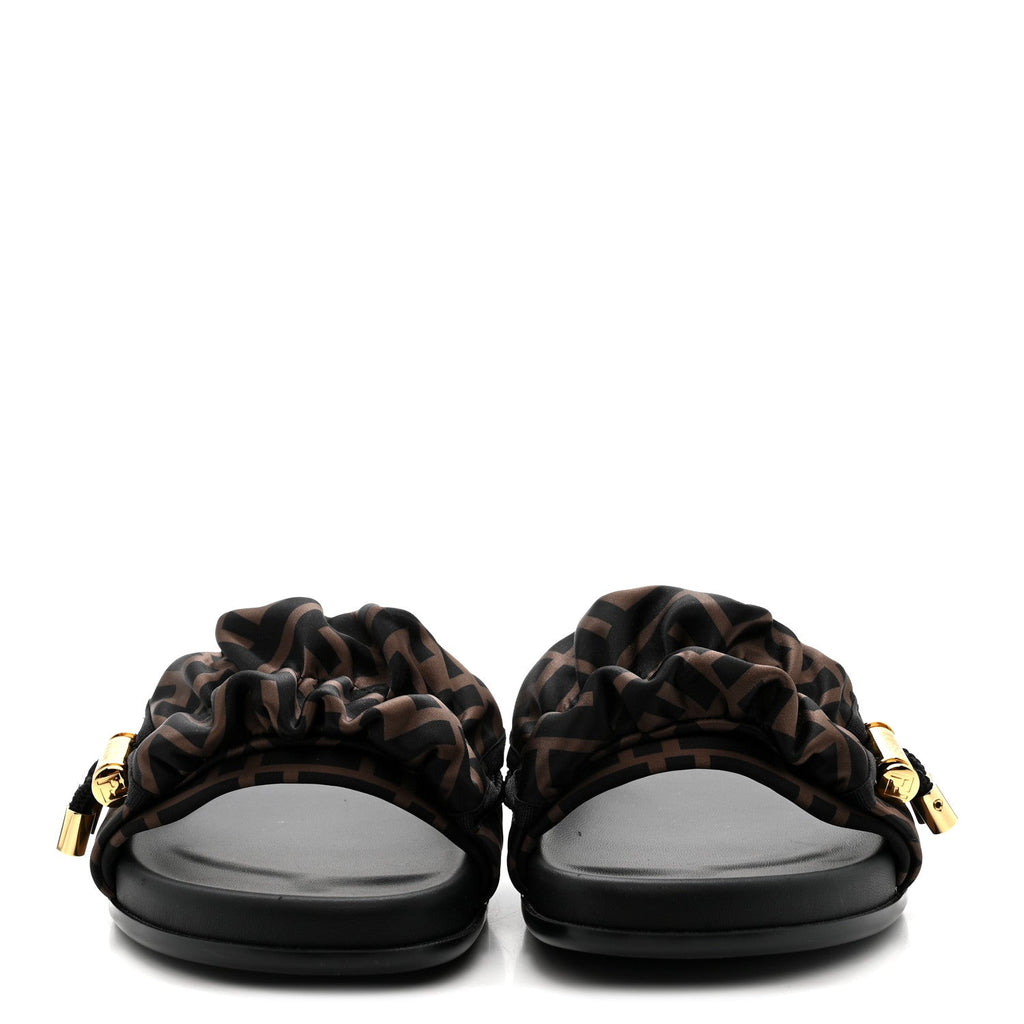 Satin FF Fendi Feel Slide Sandals 38 Tobacco Black