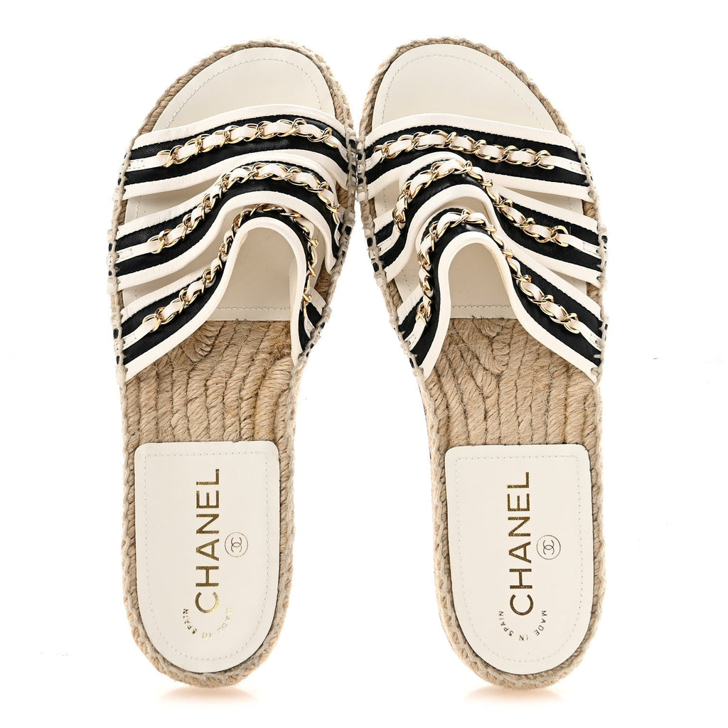 Lambskin Chain Espadrille Slip On Sandals 39 Black White
