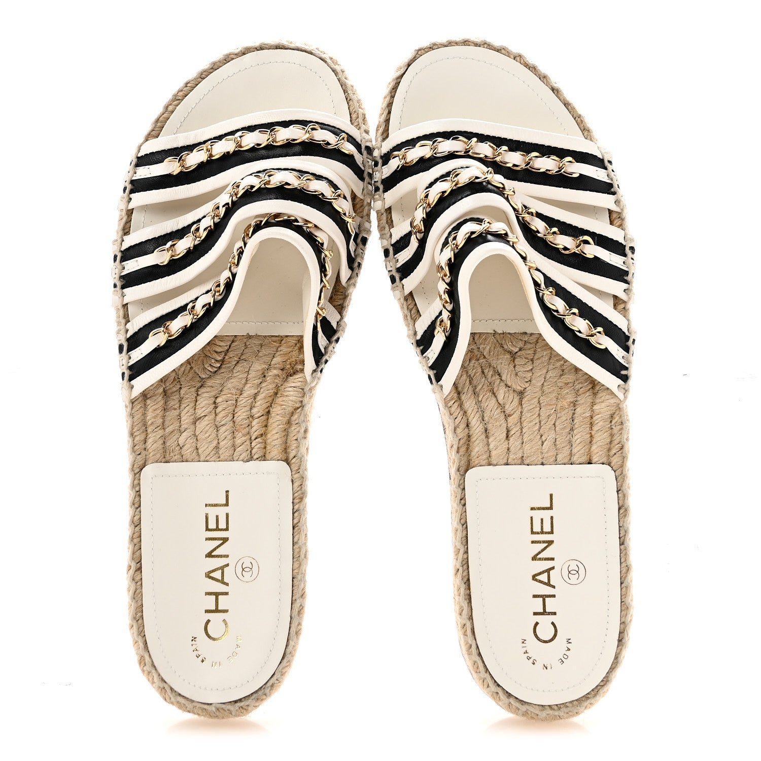 Lambskin Chain Espadrille Slip On Sandals 39 Black White