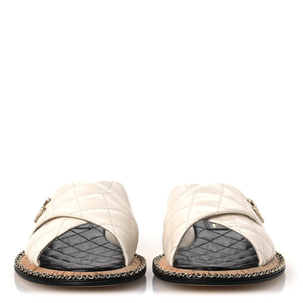 Lambskin Quilted Chain CC Sandals 37.5 White