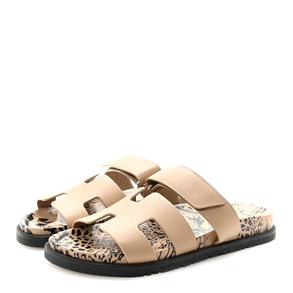Calfskin Leopard Womens Chypre Sandals 38.5 Beige Argile