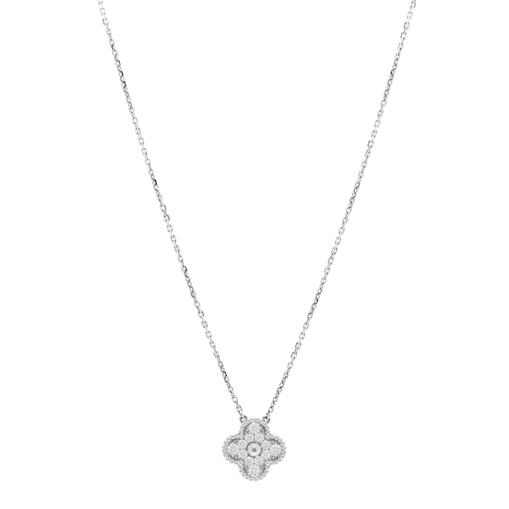 18K White Gold Diamond Vintage Alhambra Pendant Necklace