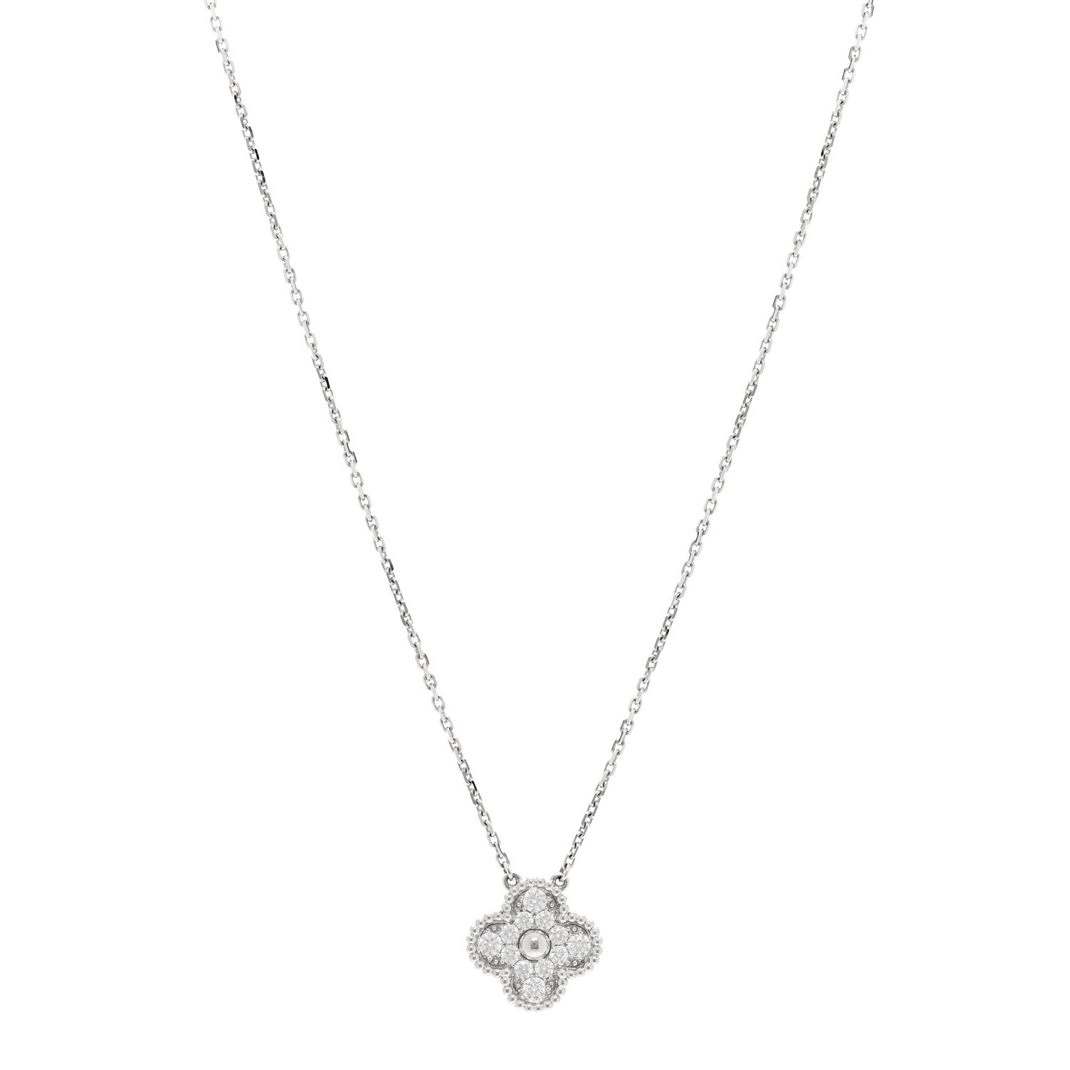 18K White Gold Diamond Vintage Alhambra Pendant Necklace