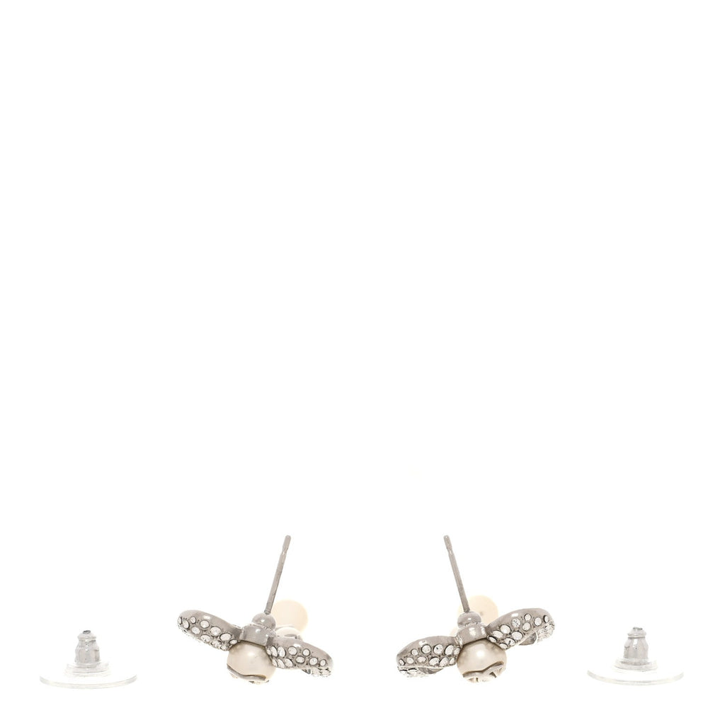 Crystal Pearl Bow CC Earrings Silver