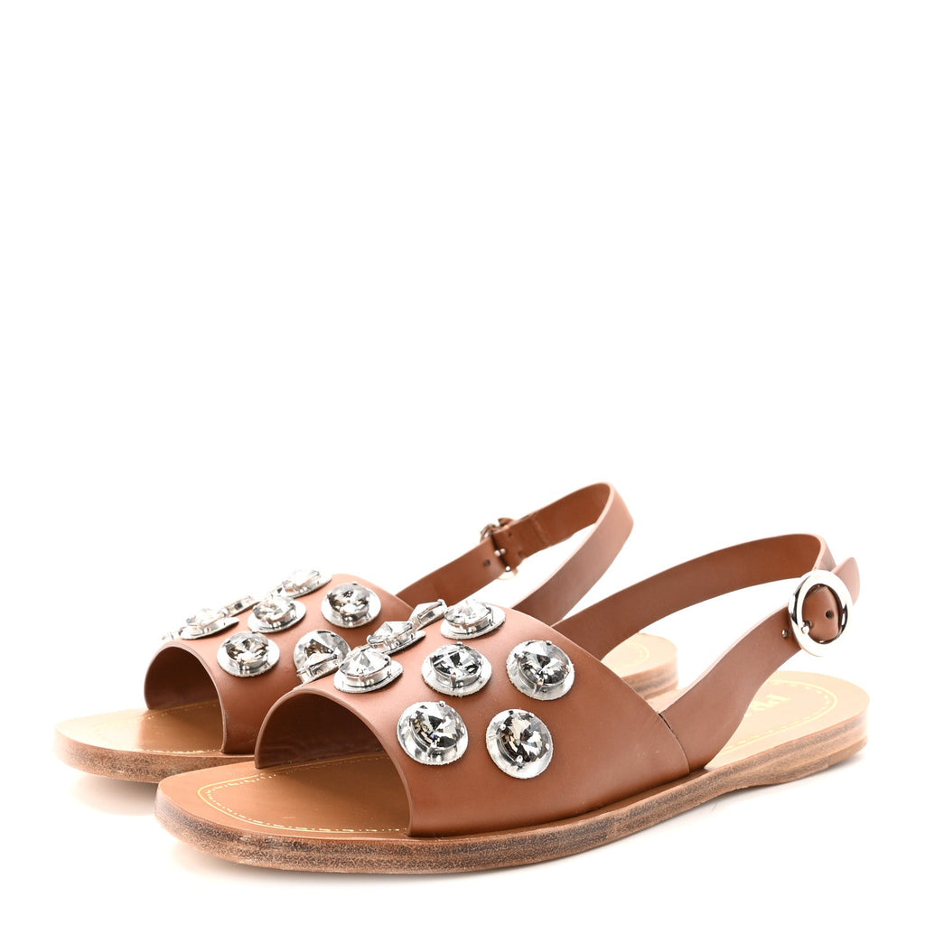 Natural Calfskin Crystal Slingback Sandals 37.5 Brandy