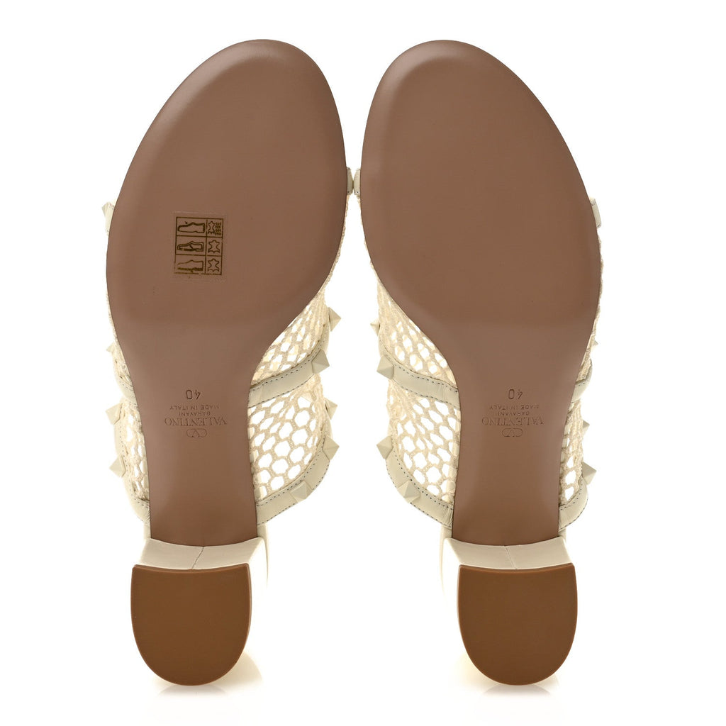 Calfskin Mesh Rockstud 60mm Caged Slide Sandals 40 Ivory