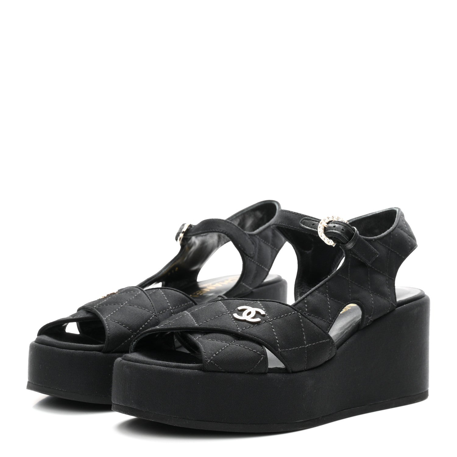 Grosgrain Quilted Crystal CC Platform Sandals 38.5 Black