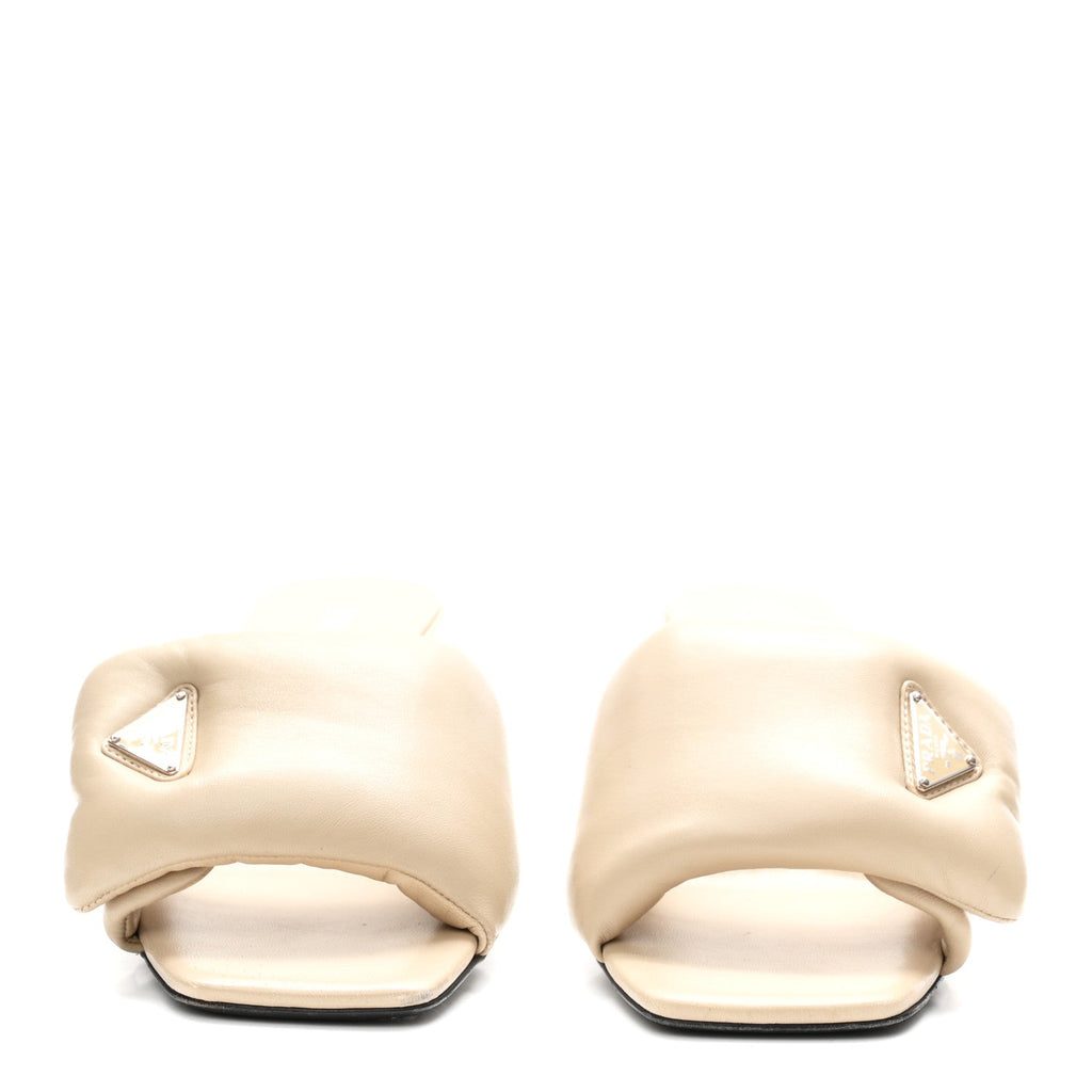 Nappa Soft Padded Metal Triangle Logo 65mm Slide Sandals 39.5 Deserto