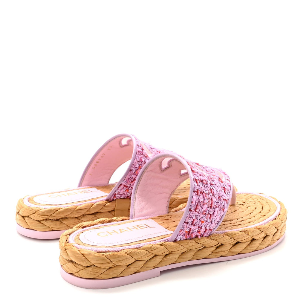 Tweed Mesh Satin CC Thong Sandals 37 Light Purple Pink Red