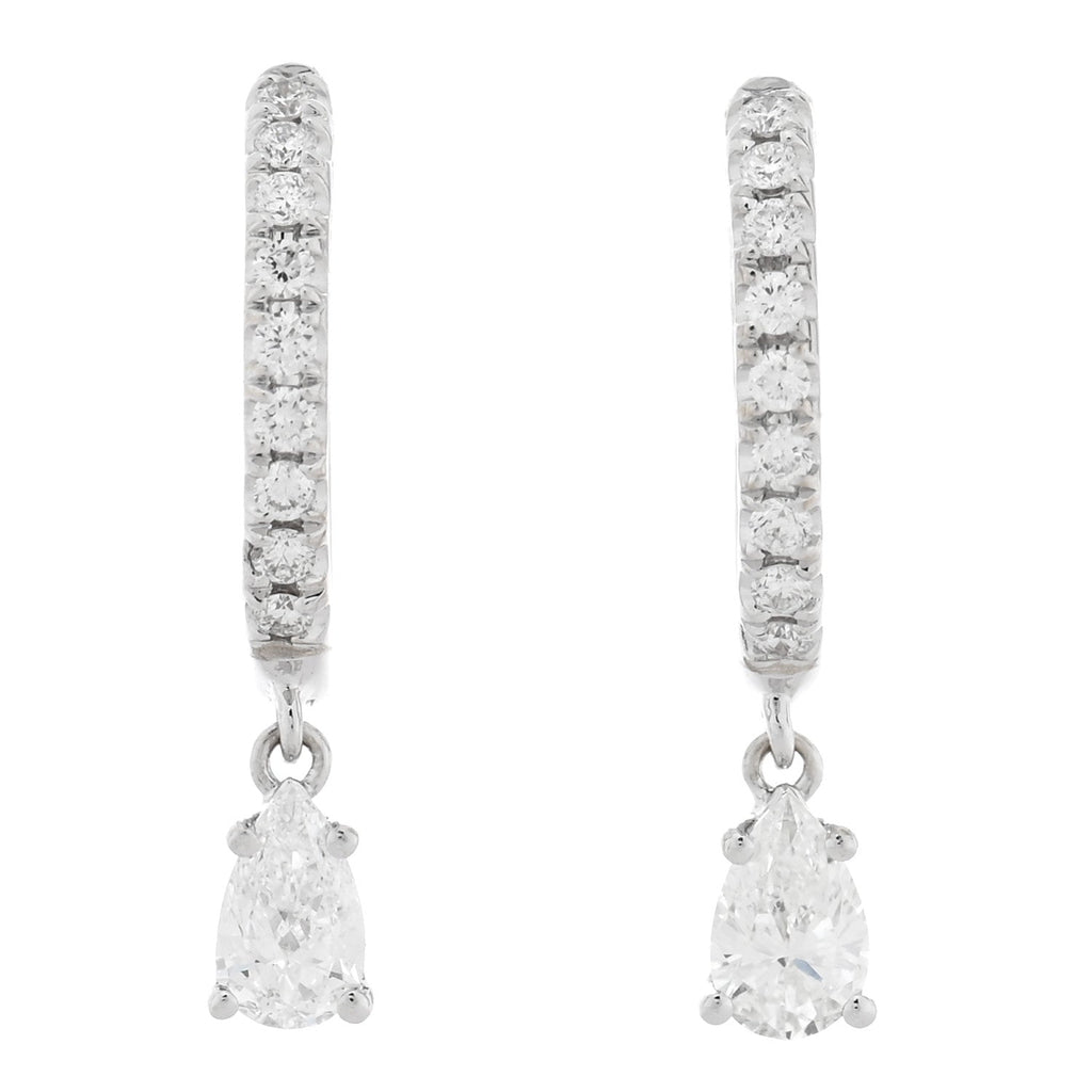 18K White Gold Diamond Pear Huggie Drop Earrings