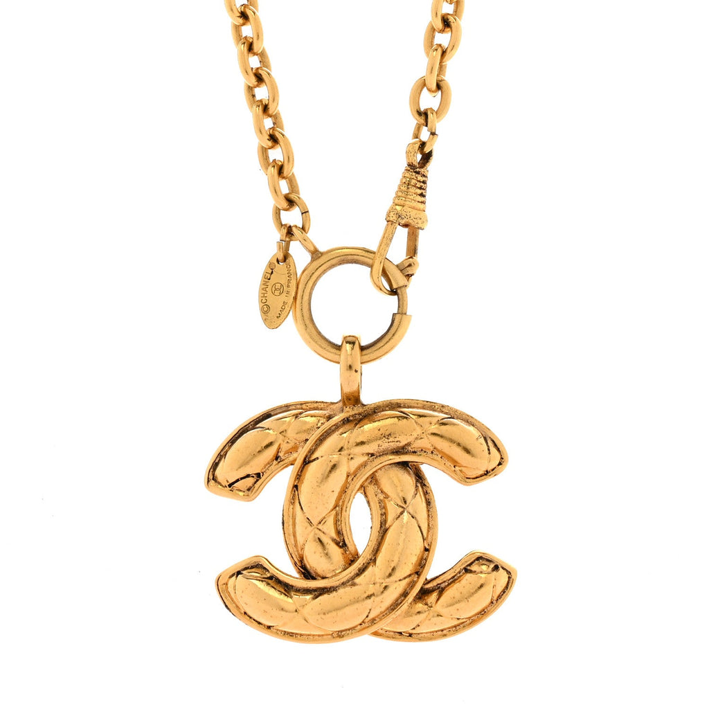 Metal Quilted CC Long Necklace Gold
